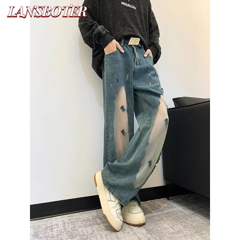 Lansboter กางเกงยีนส์ผู้ชาย American Retro Blue Hollow เอวสูงกางเกงยีนส์หลวมตรง