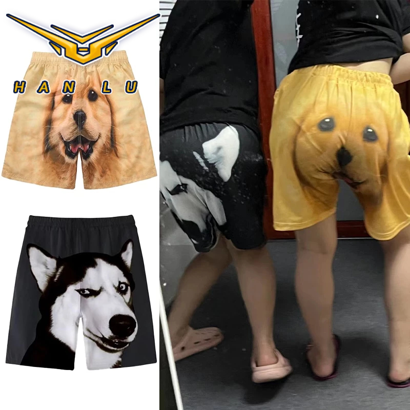 HANLU กางเกงขาสั้นฤดูร้อนผู้ชายลําลองน่ารักพิมพ์กางเกงชายหาดหลวมตรง