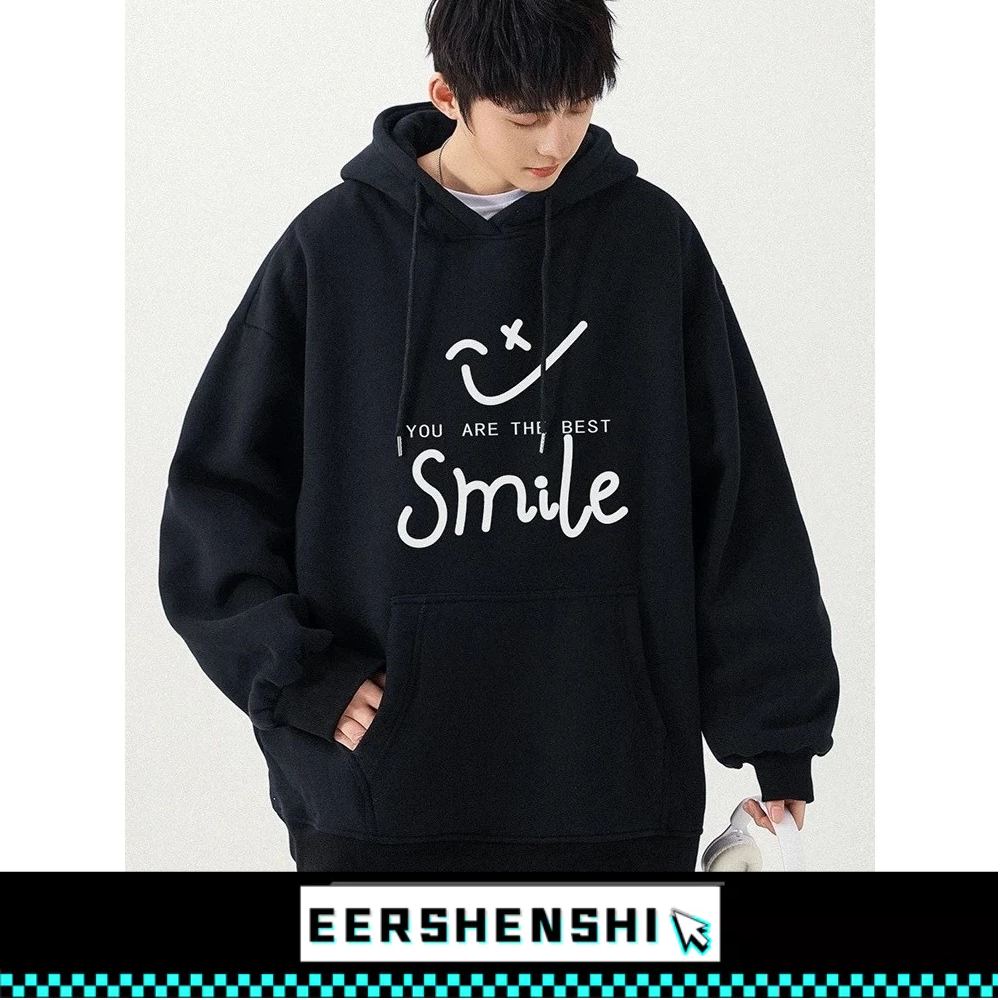 เสื้อกันหนาวมีฮู้ดยิ้มผู้ชายแฟชั่นแบรนด์ ขนาดใหญ่เกินไป หลวมเสื้อคู่