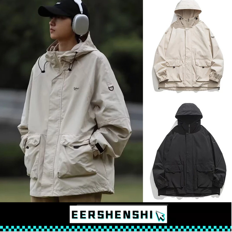 EERSHENSHI เสื้อโค้ทผู้ชายเชลล์แจ็คเก็ต ชุดทํางาน คลุมด้วยผ้าญี่ปุ่นกลางแจ้งกันน้ําหลายกระเป๋า