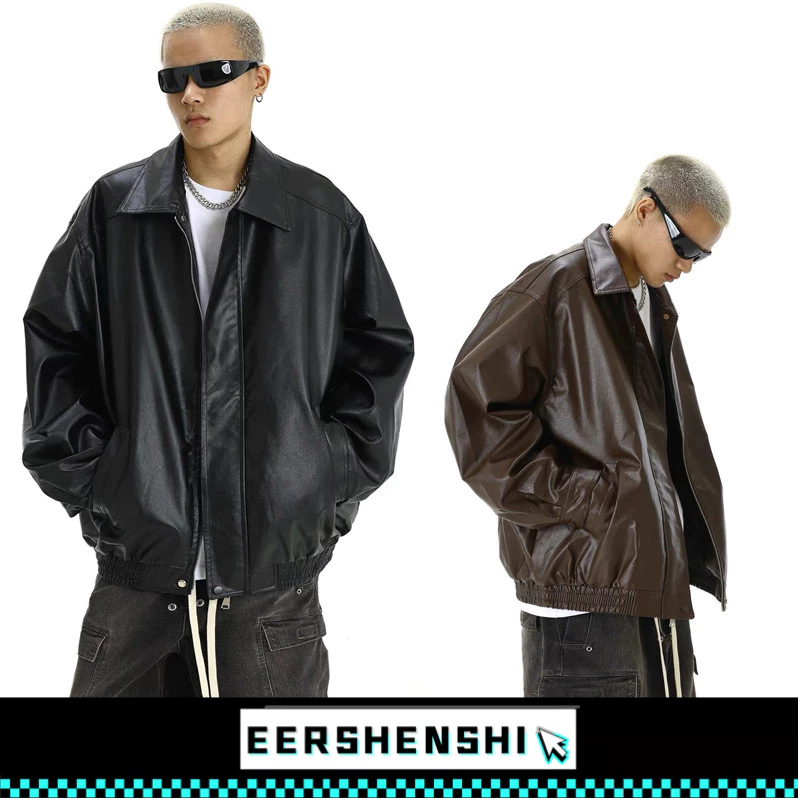 EERSHENSHI เสื้อแจ็คเก็ตหนังผู้ชาย สตรีทสไตล์อเมริกันย้อนยุคที่เข้าคู่ง่ายสบาย ๆ เสื้อแจ็คเก็ตเกาหลี