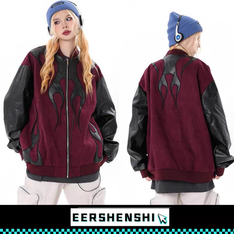 EERSHENSHI ชายเสื้อ Hถนนสายหลัก เย็บ Contrast สี เสื้อนักบิน ผู้ชายและผู้หญิงคู่หลวมสบายๆ Top
