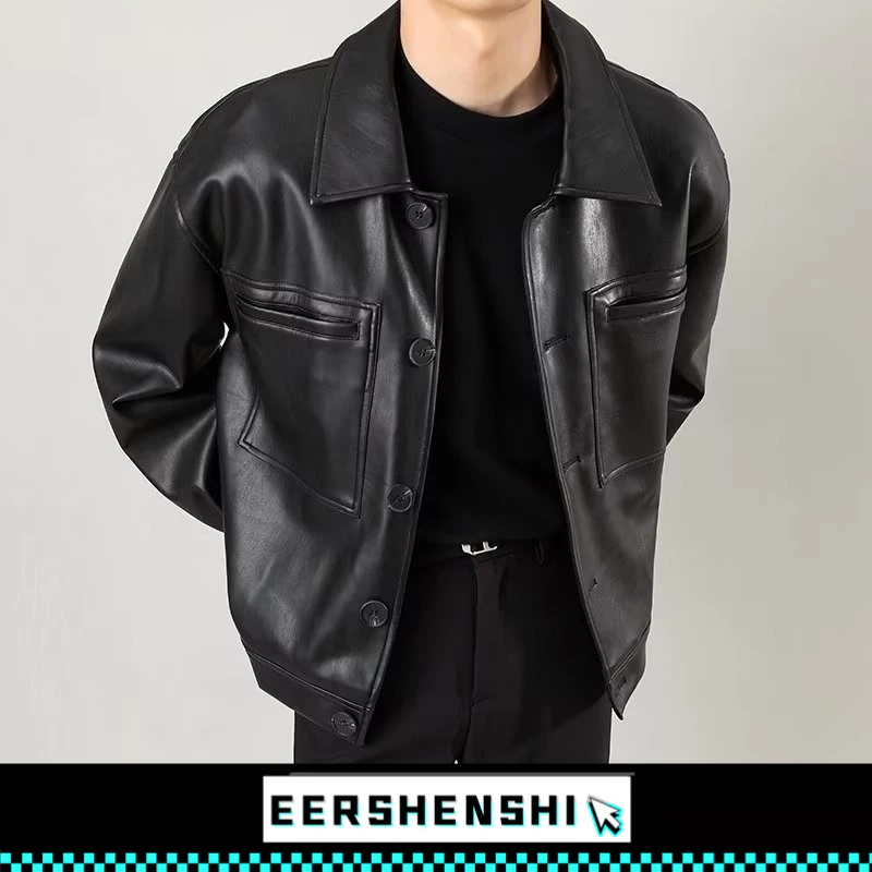 EERSHENSHI เสื้อโค้ทผู้ชายปกเสื้อหนังสไตล์เกาหลีใหม่อินเทรนด์รถจักรยานยนต์แฟชั่น