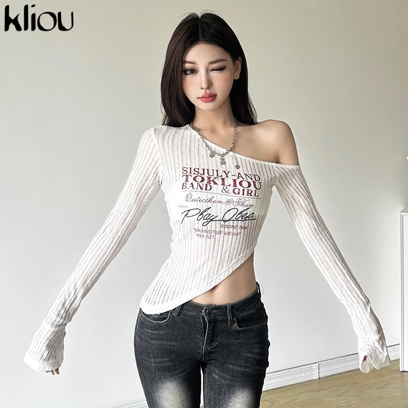 Kliou Off ไหล่ลายเสื้อยืดแขนยาว Skinny พิมพ์ Hollow Out Sweet Look Slimmer Casual ไม่สม่ําเสมอรูปร่างอเนกประสงค์สไตล์สาวเผ็ด
