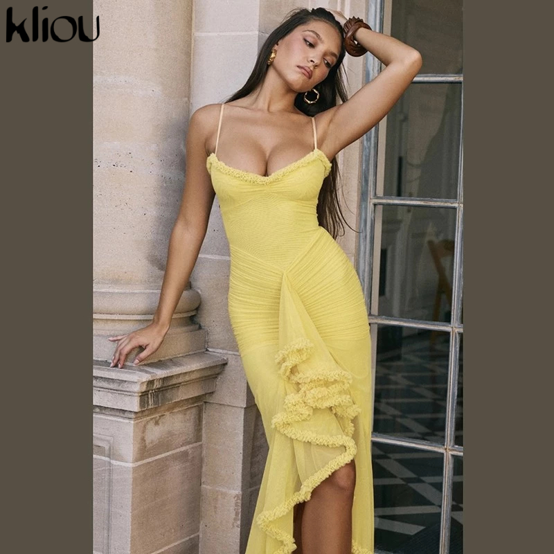 Kliou ไม่สม่ําเสมอรูปร่างชุด Bodycon สลิงปิดไหล่ตาข่าย Ruffles รูปเอว Hollow Out สไตล์อเมริกันสาวเผ็ด