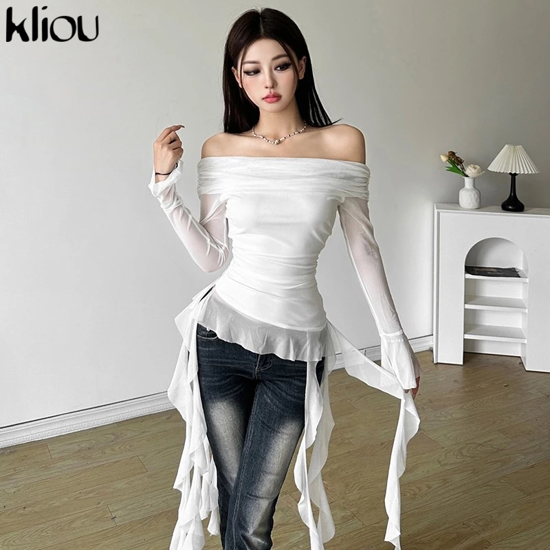 Kliou Slash-คอ Ruffles เสื้อยืดแขนยาวริบบิ้นตาข่ายไม่สม่ําเสมอรูปร่างดู Slimmer สีทึบสไตล์เกาหลีสาวเผ็ด