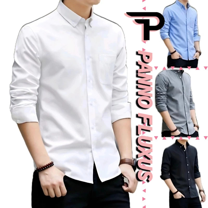 PannoFluxus เสื้อเชิ้ตแขนยาวลำลองทรงสลิม เสื้อเชิ้ตทำงานสีทึบผู้ชายแฟชั่นสไตล์เกาหลี