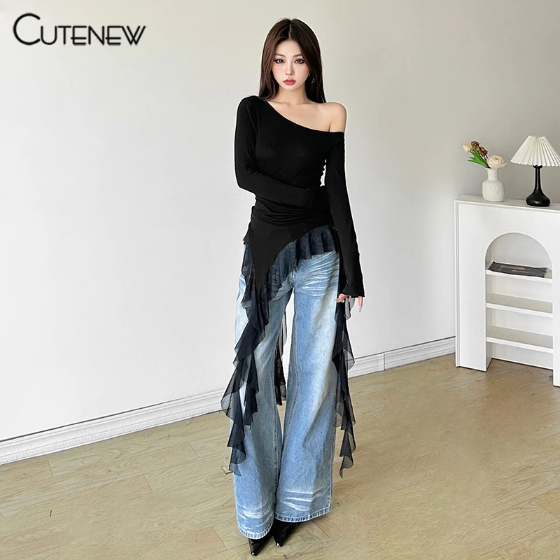 Cutenew เสื้อยืดลําลองไม่สมมาตรแขนยาวที่ไม่มีสายหนังแข็งผอมดูทินเนอร์ริบบิ้นผิดปกติอเนกประสงค์บรรยากาศสไตล์ 2024 ร้อนใ