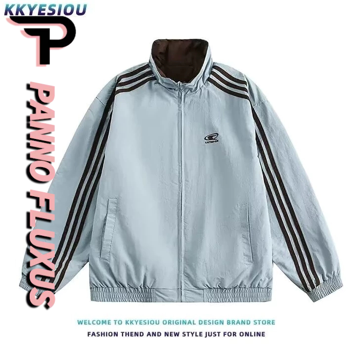 Pannofluxus เสื้อแจ็คเก็ตผู้ชายอเมริกันย้อนยุคหลวมสบายๆญี่ปุ่นสามบาร์สีตัดกันเสื้อแจ็คเก็ตกีฬาสไตล์เป็นกลาง