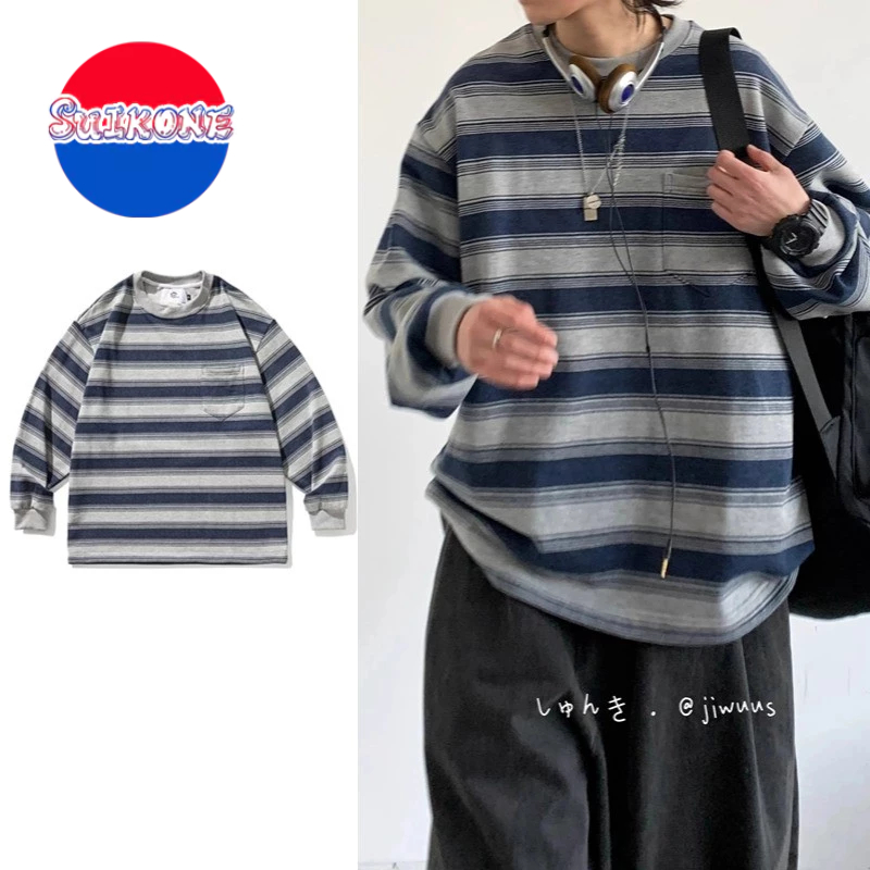 SUIKONE ซุยโคเนะ เสื้อสเวตเตอร์ลายทางสีน้ําเงินย้อนยุคญี่ปุ่นฤดูใบไม้ร่วงหลวมสบายๆเสื้อกันหนาวอเนกประสงค์สําหรับผู้ชายและผู้หญิง