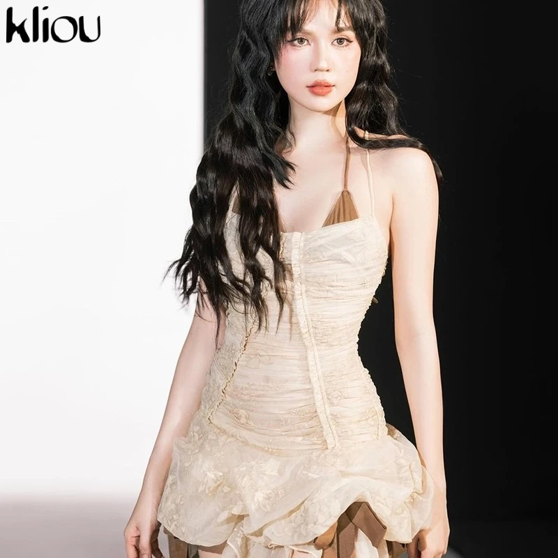 Kliou สลิงปิดไหล่ชุดรูปร่างผิดปกติลูกไม้ริบบิ้น Hollow Out Backless Casual Look Slimmer สไตล์อเมริกันสาวเผ็ด