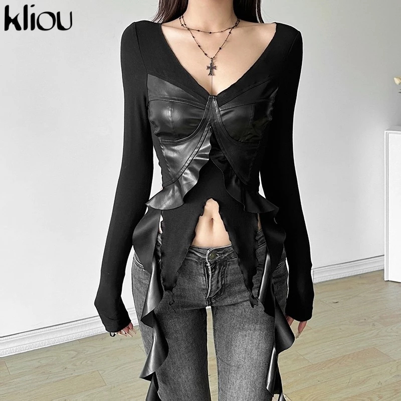 Kliou หนัง Patchwork เสื้อยืดรูปร่างไม่สม่ําเสมอ Ruffles ริบบิ้นสะดือสัมผัสแขนยาวดู Slimmer Dark สไตล์สาวเผ็ด