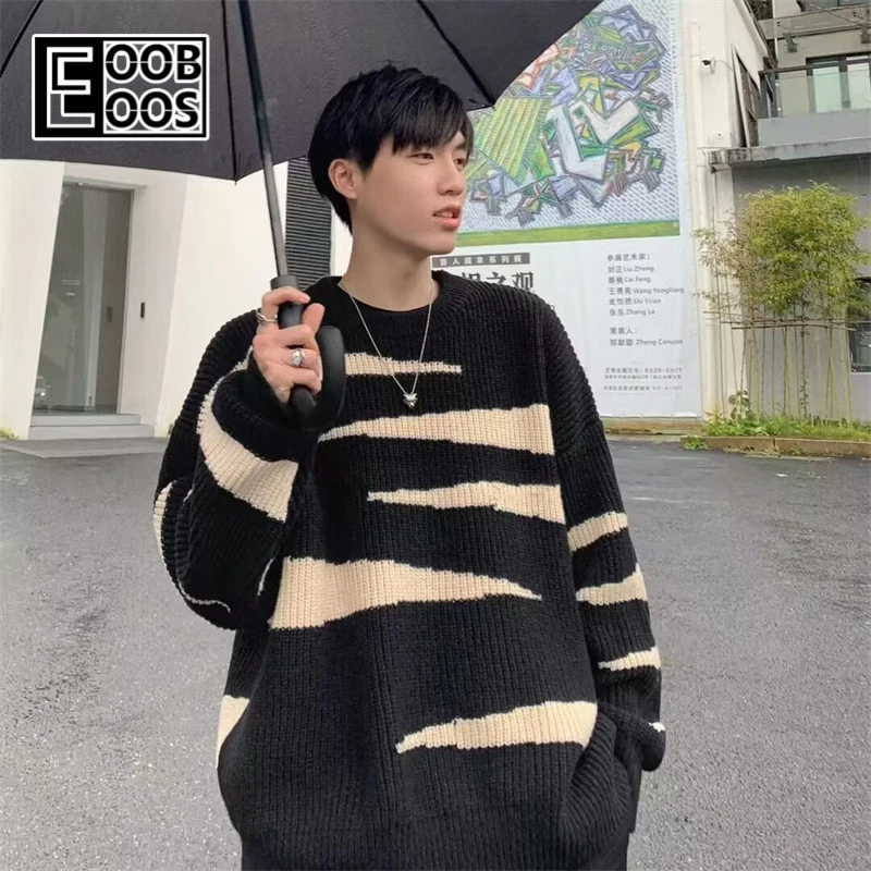 BOOBOOS เสื้อกันหนาวผู้ชาย ใหม่สไตล์ฮ่องกงม้าลายพิมพ์คอกลมไม่ได้ใช้งานสไตล์เกาหลีเสื้อกันหนาว