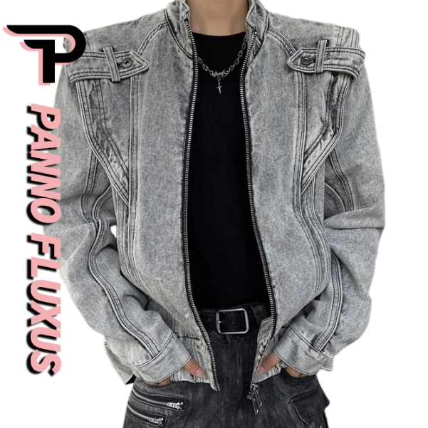 Pannofluxus แจ็คเก็ตยีนส์ผู้ชายอเมริกันย้อนยุคหลวมสบายๆสไตล์ถนนออกแบบเย็บปะติดปะต่อกันแจ็คเก็ตรถจักรยานยนต์คุณภาพสูง