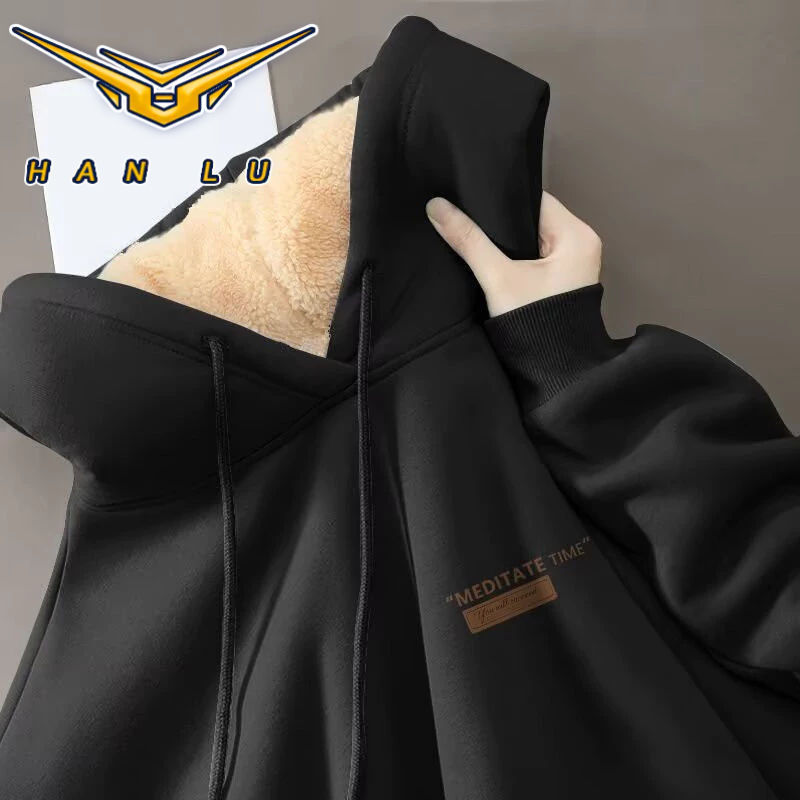 ฮั่นลู่ เสื้อกันหนาวมีฮู้ด ขนแกะ ขนแกะ-เรียงรายหนาหลวมสไตล์เกาหลีเรียบง่ายด้านบน