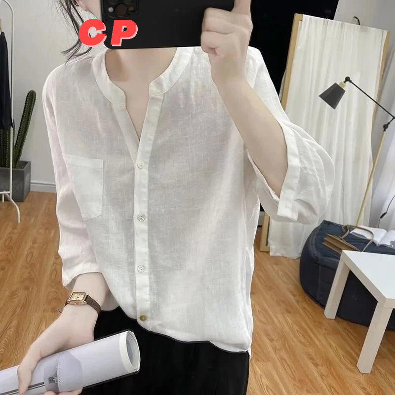 CP ฤดูร้อน Retro ผ้าฝ้ายผ้าลินินเสื้อผู้หญิงฤดูร้อนหลวมขนาดใหญ่ All-Match Casual สาม-Quarter แขนเสื้