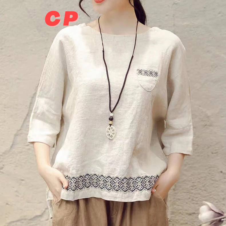 Cp ฤดูร้อน Retro ปักผ้าฝ้ายผ้าลินินเสื้อยืดผู้หญิงฤดูร้อนหลวมขนาดใหญ่ All-Match สาม Quart
