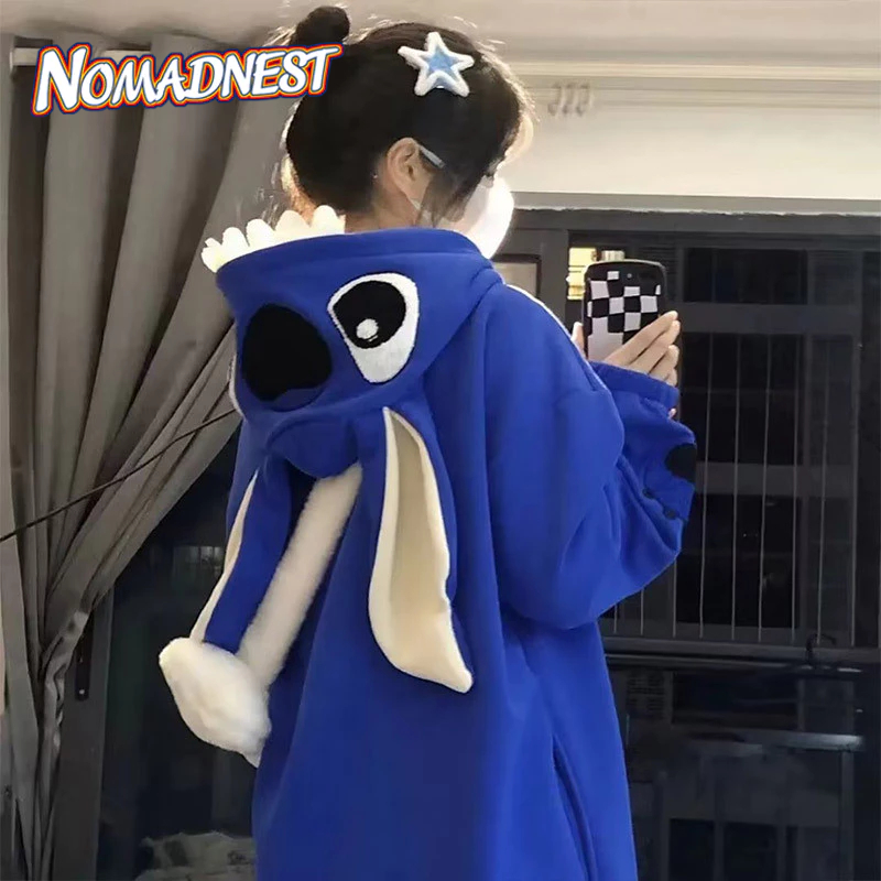 NOMADNEST เสื้อฮู้ดผู้ชาย ใหม่การ์ตูนตะเข็บคู่เสื้อกันหนาวคลุมด้วยผ้า