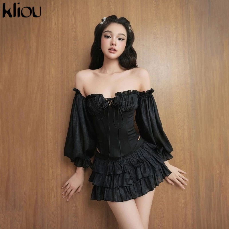 Kliou Slash-คอเสื้อยืดPatchworkแขนยาวสะดือสัมผัสกระโปรงเอวสูงRuched CasualหวานดูSlimmerสไตล์อเนกประสงค์