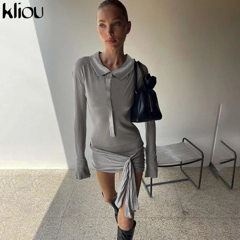 Kliou Turn-down Collar Dresses Patchwork แขนยาวไม่สม่ําเสมอรูปร่างริบบิ้น Casual เซ็กซี่ดู Slimmer สไตล์อเมริกันสาวเผ็ด