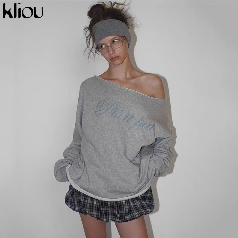 Kliou ปิดไหล่พิมพ์เสื้อยืดแขนยาวขนาดใหญ่ Casual Hipster Sporty Elegant Look Slimmer อเนกประสงค์สไตล์สาวเผ็ด