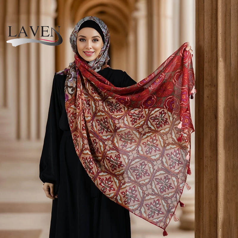 Laven ลายพิมพ์ผ้าพันคอฮิญาบ Retro Rhomboid พู่ผ้าพันคอผ้าคลุมไหล่มุสลิมสบาย Hijab Headscarf