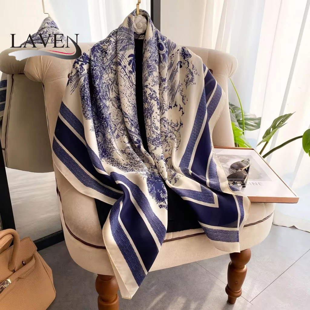 ลาเวน 110 * 110เซนติเมตรผ้าพันคอสี่เหลี่ยมเรขาคณิตพิมพ์ผ้าพันคอเลียนแบบผ้าไหมผู้หญิงผ้าคลุมไหล่ผ้าไหมเช่นผ้าพันคอ