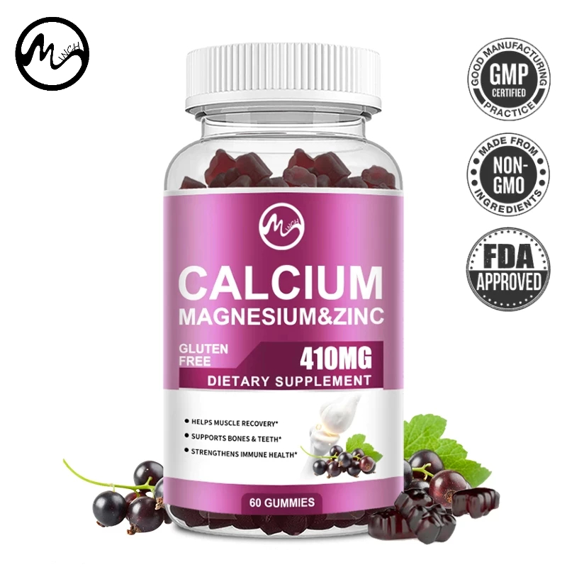 Minch แคลเซียม Magnesium ZINC Gummies 410mg พร้อมวิตามิน D&โพแทสเซียมส่งเสริมการผ่อนคลายอารมณ์เสริมสร้างภูมิคุ้มกันสุขภาพกระดูกและกล้ามเนื้อฟันน้ําตาลธรรมชาติฟรีสําหรับผู้ใหญ่และเด็ก