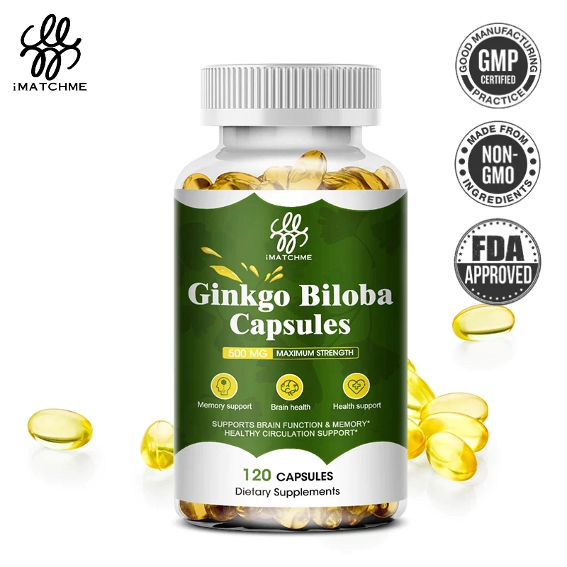 Imatchme Ginkgo Biloba Leaf แคปซูลออร์แกนิก 500 มก. สําหรับความจําและฟังก์ชั่นสมอง สนับสนุนการไหลเวียนโลหิต ต่อสู้กับการอักเสบตามธรรมชาติ สําหรับผู้ชาย และผู้หญิง