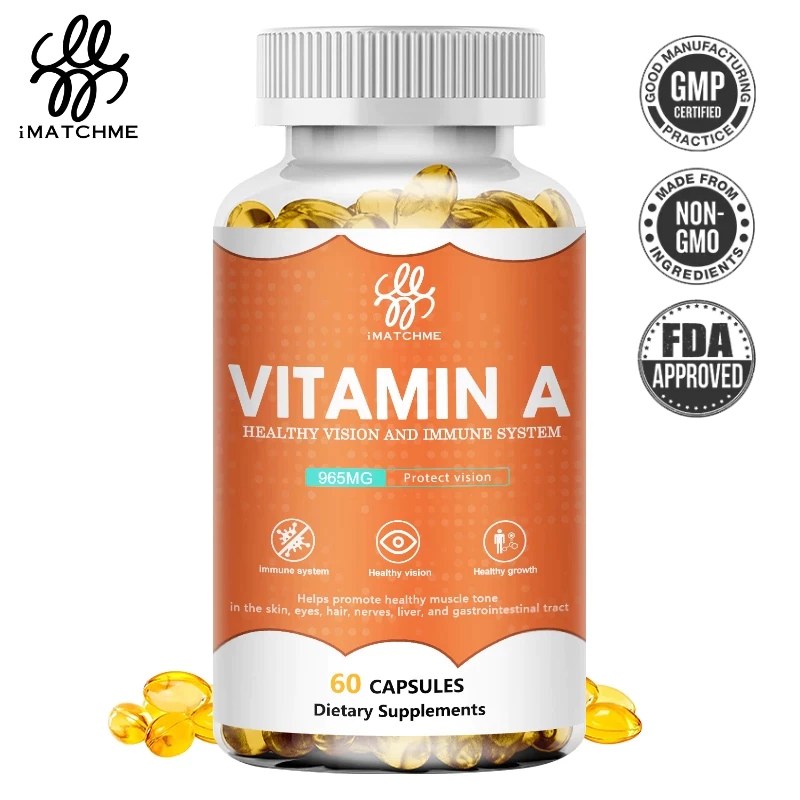 Imatchme Vitamin Aวิตามินเอ แคปซูล ปกป้องสายตาและระบบภูมิคุ้มกัน กล้ามเนื้อ และผิวหนัง ดวงตา เส้นผม เส้นประสาท อาหารเสริม สําหรับผู้ใหญ่ และเด็ก
