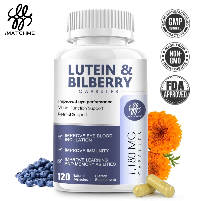 Imatchme Lutien & Bilberry แคปซูลแคปซูล สําหรับรอบดวงตา การไหลเวียนโลหิต ด้วยสารสกัดจากเนื้องอก และ Zeaxanthin วิตามินซี ฟังก์ชั่นการมองเห็น รองรับเรตินัล สําหรับผู้ชาย และผู้หญิง