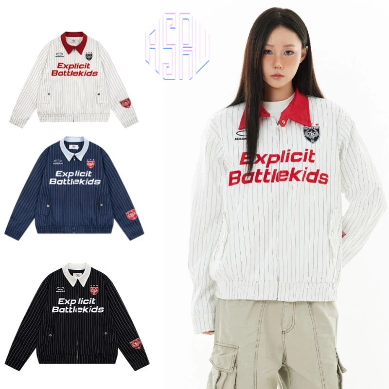 Asrv ฤดูใบไม้ร่วงหลวมสบายๆสีขาวลายแจ็คเก็ตเบสบอลอเมริกันย้อนยุคผู้ชายและผู้หญิงแจ็คเก็ตสีตัดกัน