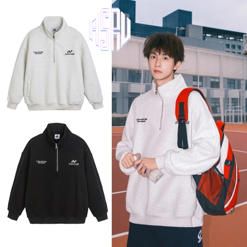 Asrv American high street หล่อหลวมเสื้อกันหนาวฤดูใบไม้ร่วง retro ครึ่งซิปปักเสื้อ