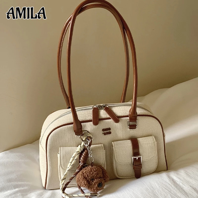 Amila กระเป๋าสะพายไหล่ สะพายข้าง ทรงแคมบริดจ์ ความจุสูง ประดับโบว์ สีตัดกัน สไตล์เรโทร หวานแหวว แฟชั่นสําหรับสตรี