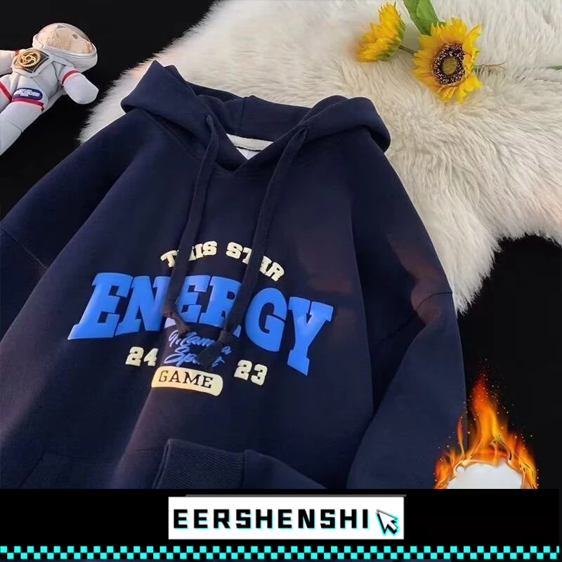 EERSHENSHI เสื้อฮู้ดผู้ชายอเมริกันย้อนยุคคลุมด้วยผ้าหลวมกํามะหยี่หนาเสื้อ