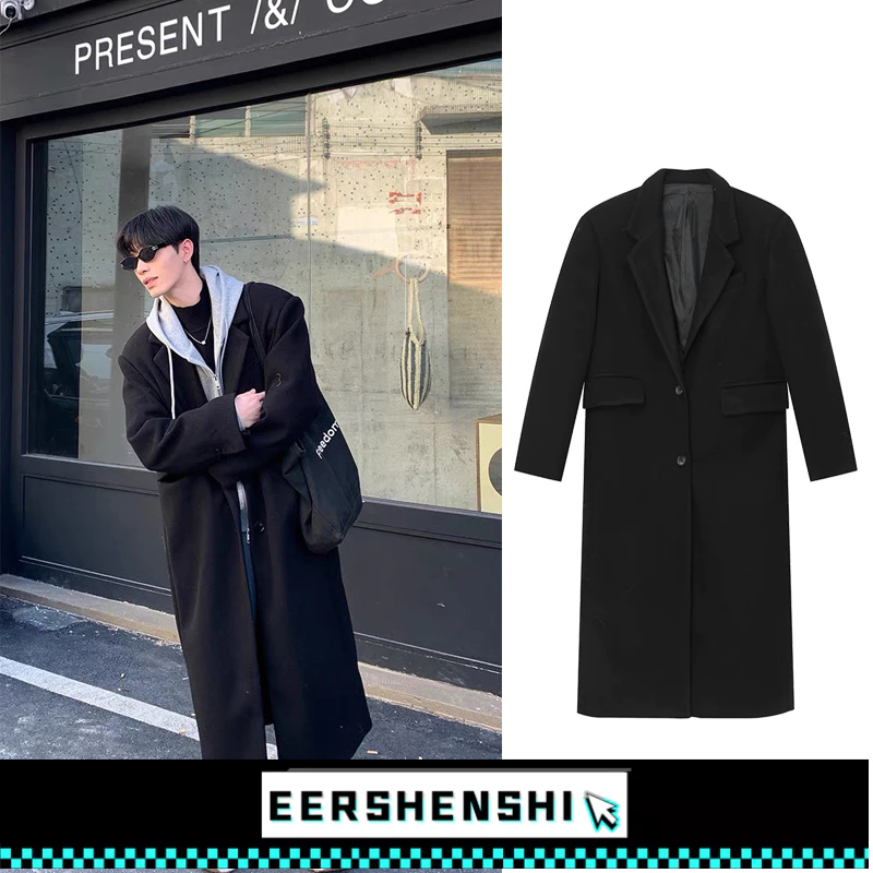 EERSHENSHI เสื้อคลุมผู้ชายเสื้อกันลมใหม่ยาวด้านล่างเข่าสีทึบเสื้อสไตล์อังกฤษ