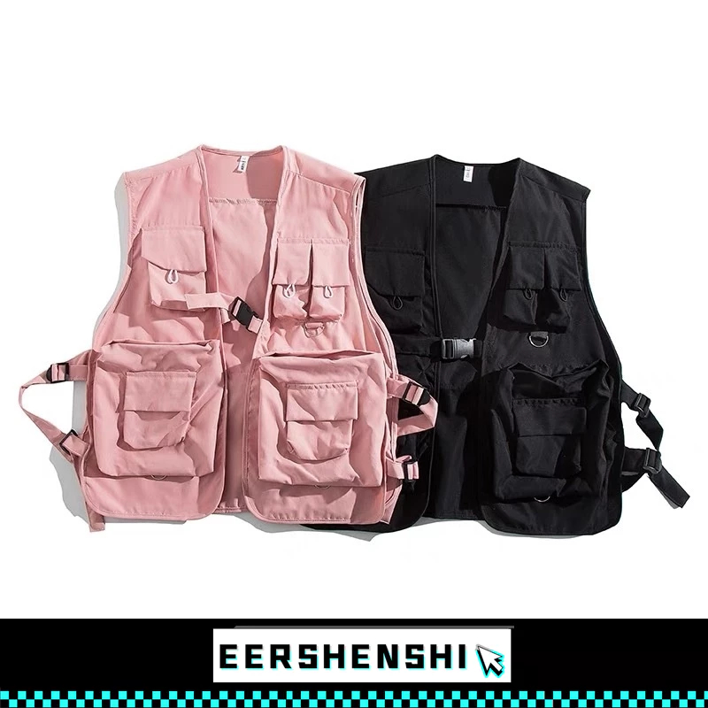 EERSHENSHI เสื้อกั๊กผู้ชาย ชุดทำงานสไตล์ย้อนยุคที่มีกระเป๋าหลายช่อง แบรนด์แฟชั่นญี่ปุ่นหลวม BF สไตล์ Casual