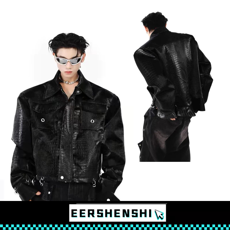 EERSHENSHI เสื้อแจ็คเก็ตหนัง PU ลายจระเข้ ช่องทางยาวย้อนยุค สําหรับผู้ชาย