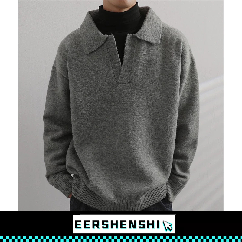 EERSHENSHI ผู้ชาย จู้ เสื้อกันหนาวการออกแบบความรู้สึกสไตล์เรียบง่ายเสื้อโปโลคอปกอินเทรนด์คอวีถักฤดูใบไม้ร่วงและฤดูหนาว