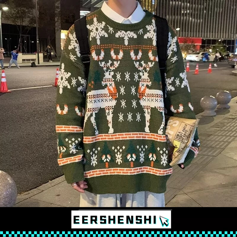 EERSHENSHI เสื้อกันหนาวผู้ชายคริสต์มาสลําลองคอกลมคู่สวมสไตล์ขี้เกียจสไตล์เกาหลี