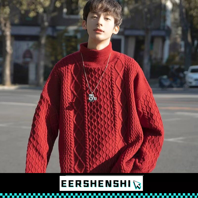 EERSHENSHI เสื้อกันหนาวคอเต่าผู้ชายคริสต์มาสสาย-เสื้อไหมพรม อิน แฟชั่นแบรนด์ลําลองหลวม