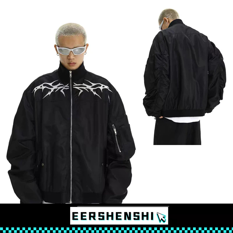 EERSHENSHI เสื้อแจ็คเก็ตผู้ชาย แจ็คเก็ตนักบินสไตล์กลไกสไตล์อเมริกันไฮสตรีท ใหม่ ลำลองแบบแมตช์ทั้งหมด