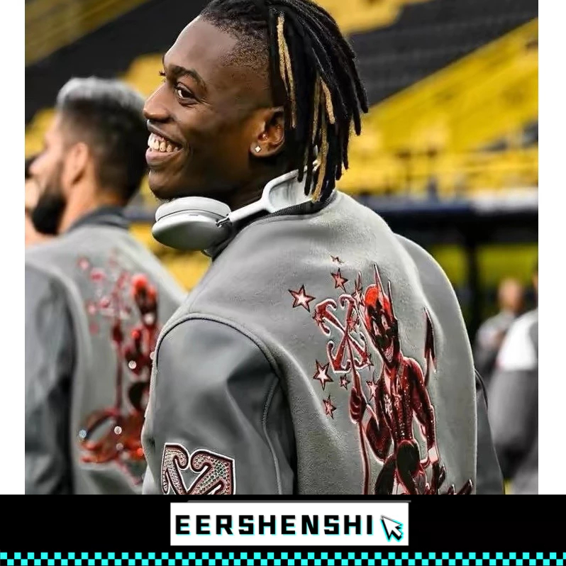 EERSHENSHI เสื้อโค้ทผู้ชายสีเทาเย็บหนังแขนปักเบสบอลเครื่องแบบอเมริกันแฟชั่นแบรนด์แจ็คเก็ต