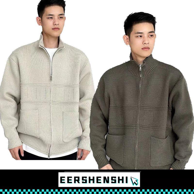 EERSHENSHI ผู้ชายยืนปกถักเสื้อสเวตเตอร์ถักแฟชั่นแบรนด์หลวมสบายๆเสื้อกันหนาวแจ็คเก็ต