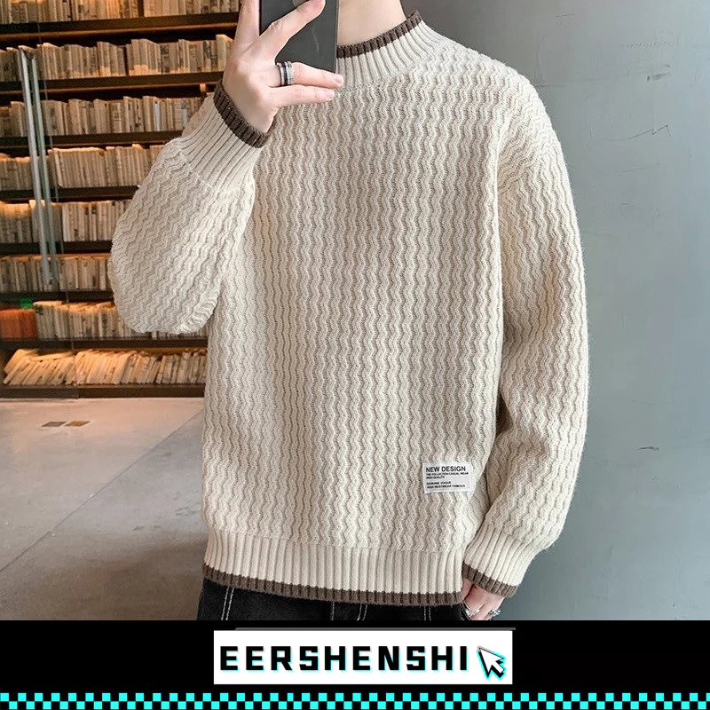 EERSHENSHI เสื้อสเวตเตอร์คอกลมผู้ชายแฟชั่นแบรนด์ถักเสื้อ จุดต่ําสุด ขนแกะเรียงรายหนาปลอมสองชิ้น