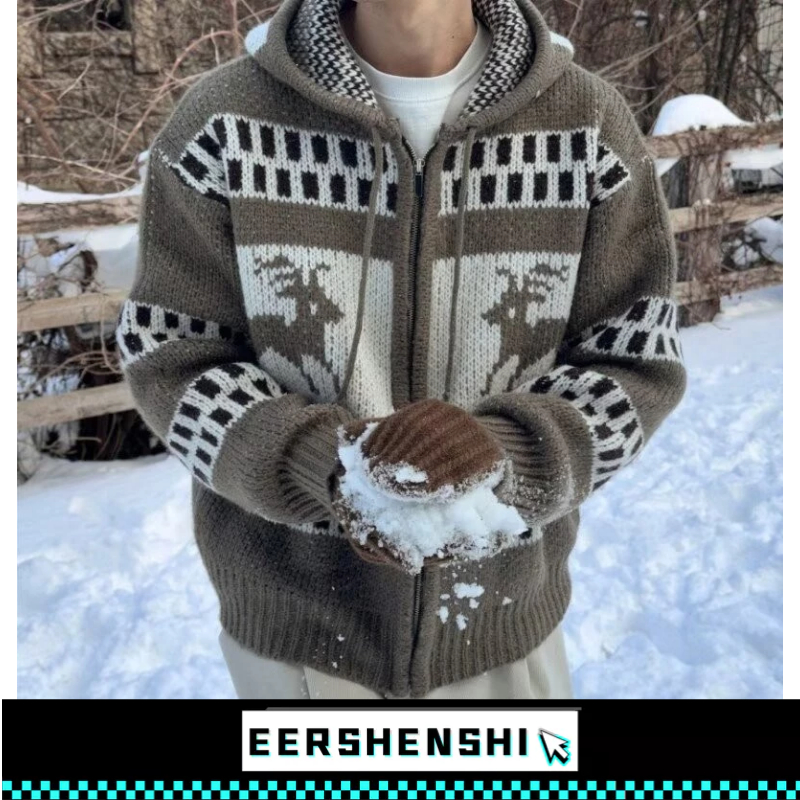 EERSHENSHI เสื้อถักผู้ชาย, เสื้อโค้ทบรรยากาศคริสต์มาสเอลค์, เสื้อสเวตเตอร์ฤดูใบไม้ร่วง, ถัก