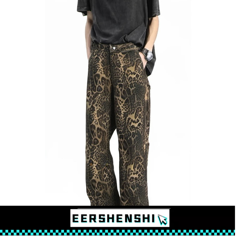 EERSHENSHI กางเกงยีนส์ผู้ชายแฟชั่นใหม่ย้อนยุคลายเสือดาวกางเกงสไตล์เกาหลีอเนกประสงค์