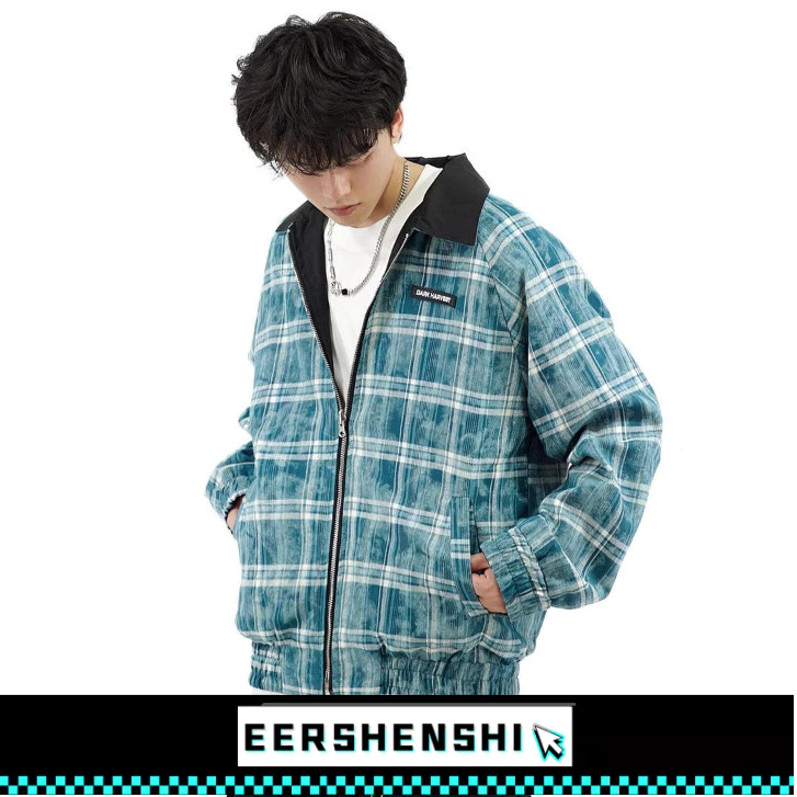 EERSHENSHI เสื้อโค้ทผู้ชายเกาหลีสไตล์อเมริกันย้อนยุคลายสก๊อตสองด้านสวมใส่เสื้อแจ็คเก็ตคอปกโปโล