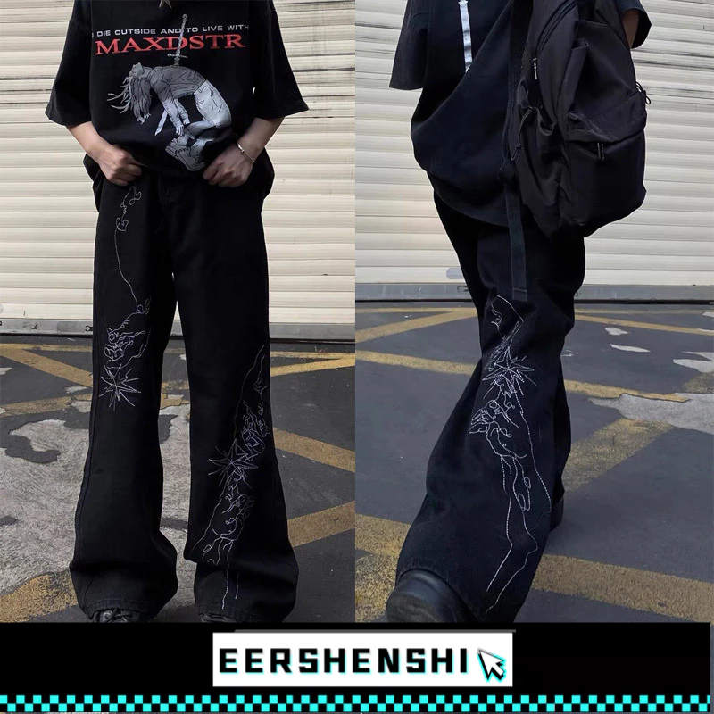 EERSHENSHI กางเกงยีนส์ผู้ชายการไล่เฉดสีแบบอเมริกันเรโทรเจเนซิส กางเกงยีนส์ปักแฟชั่นแบรนด์หลวม Street Straight