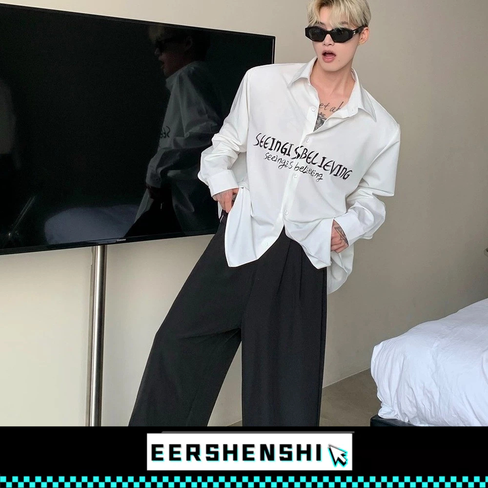 EERSHENSHI เสื้อเชิ้ตผู้ชาย เสื้อเชิ้ตพิมพ์ลายตัวอักษรกราฟฟิตีย้อนยุคอเมริกันผู้ชายและผู้หญิง